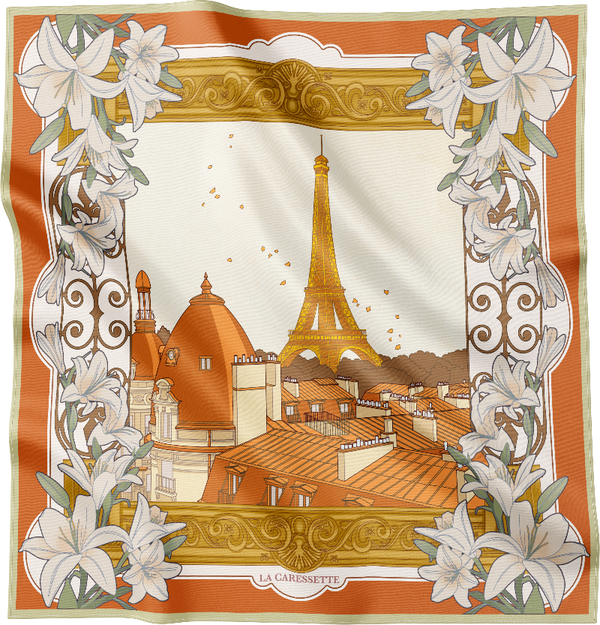 Carré de soie 90cm modèle 'Nostalgie d'Été' par La Caressette.