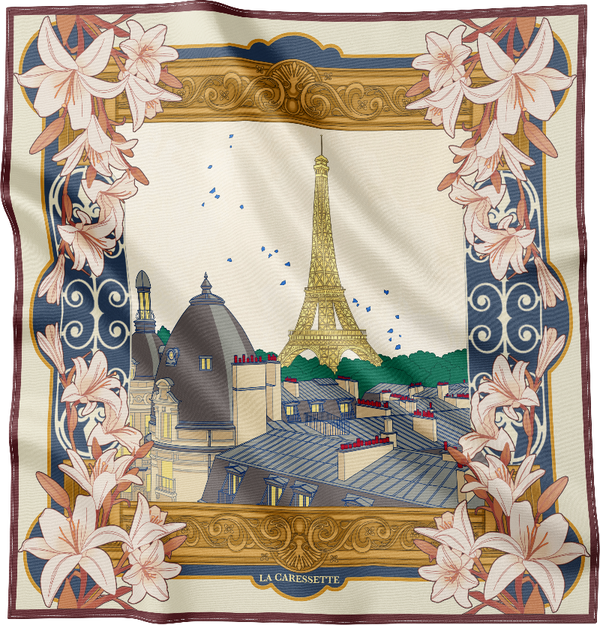 Carré de soie 90cm modèle 'Passion Pétillante' par La Caressette.