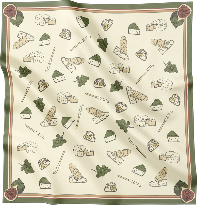 Foulard en soie Hors d'œuvre avec motifs de fromages et mets français