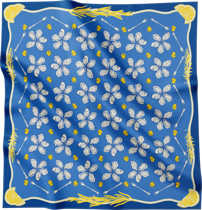 Petit carré de soie 50cm Gourmet bleu avec motifs d'huîtres et citrons