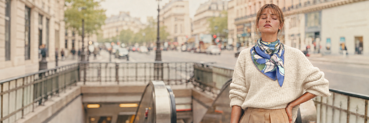 Carré 90 Douce Matinée am Hals gebunden, mit einem cremefarbenen Pullover in Paris.