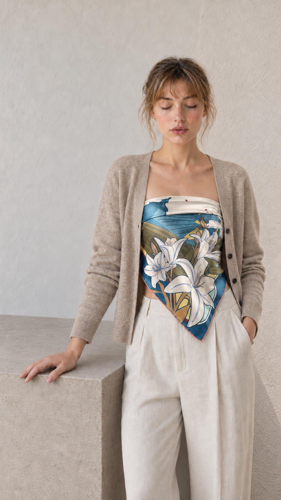 Camille trägt das Seidentuch Palais Royal als Top mit einer beigen Strickjacke.