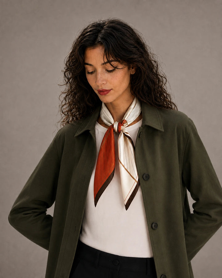 70-cm-Tuch am Hals zu einer olivgrünen Hemdjacke.